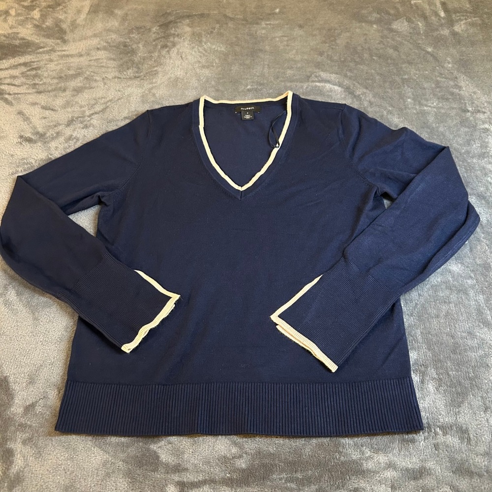 Halogen Sweater V Neck Long Sleeve Navy Blue Beige Trim‎ Rayon Womens Small